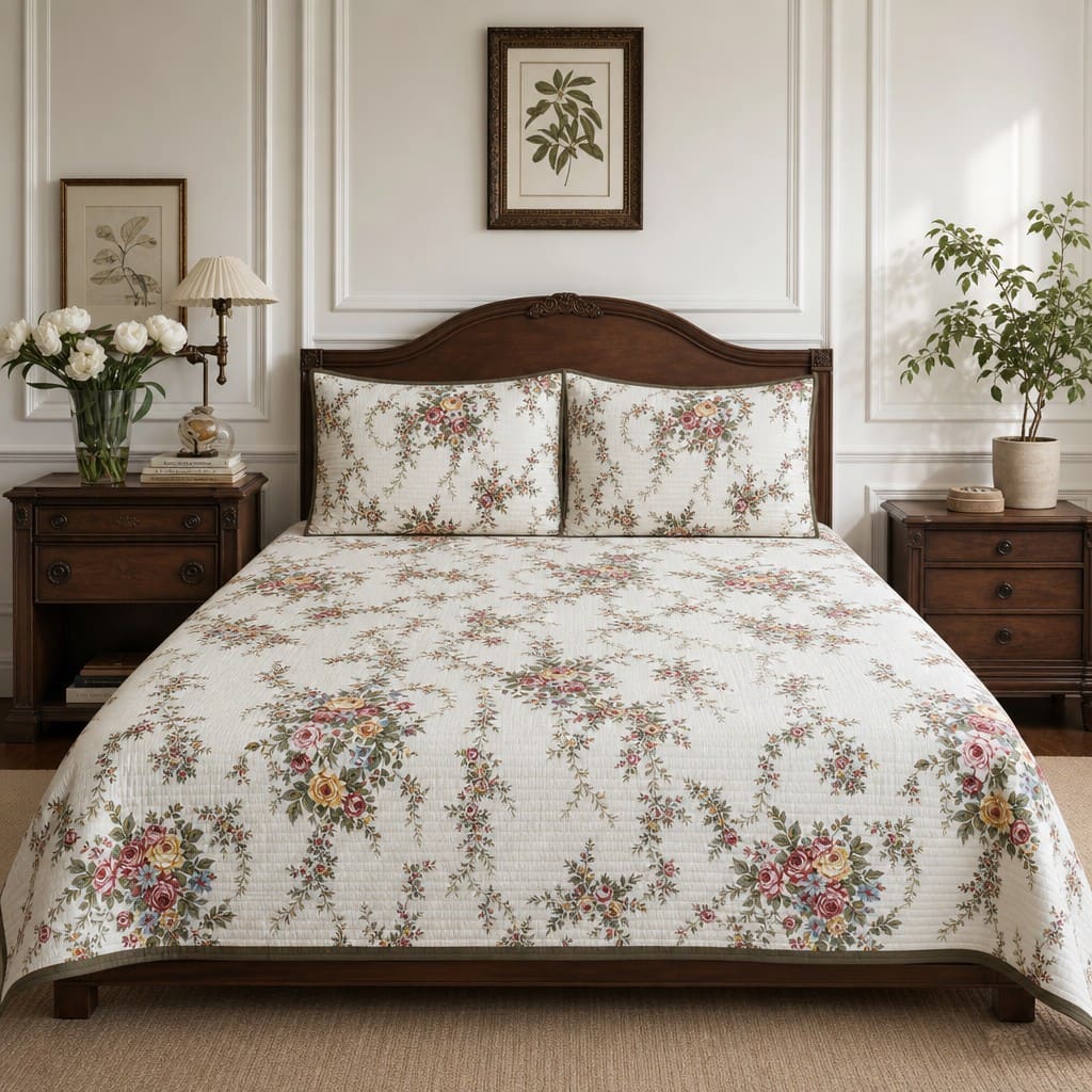 Adeline Vintage Floral King-Size Cotton Bed Cover with Pillow Cases - Home Artisan