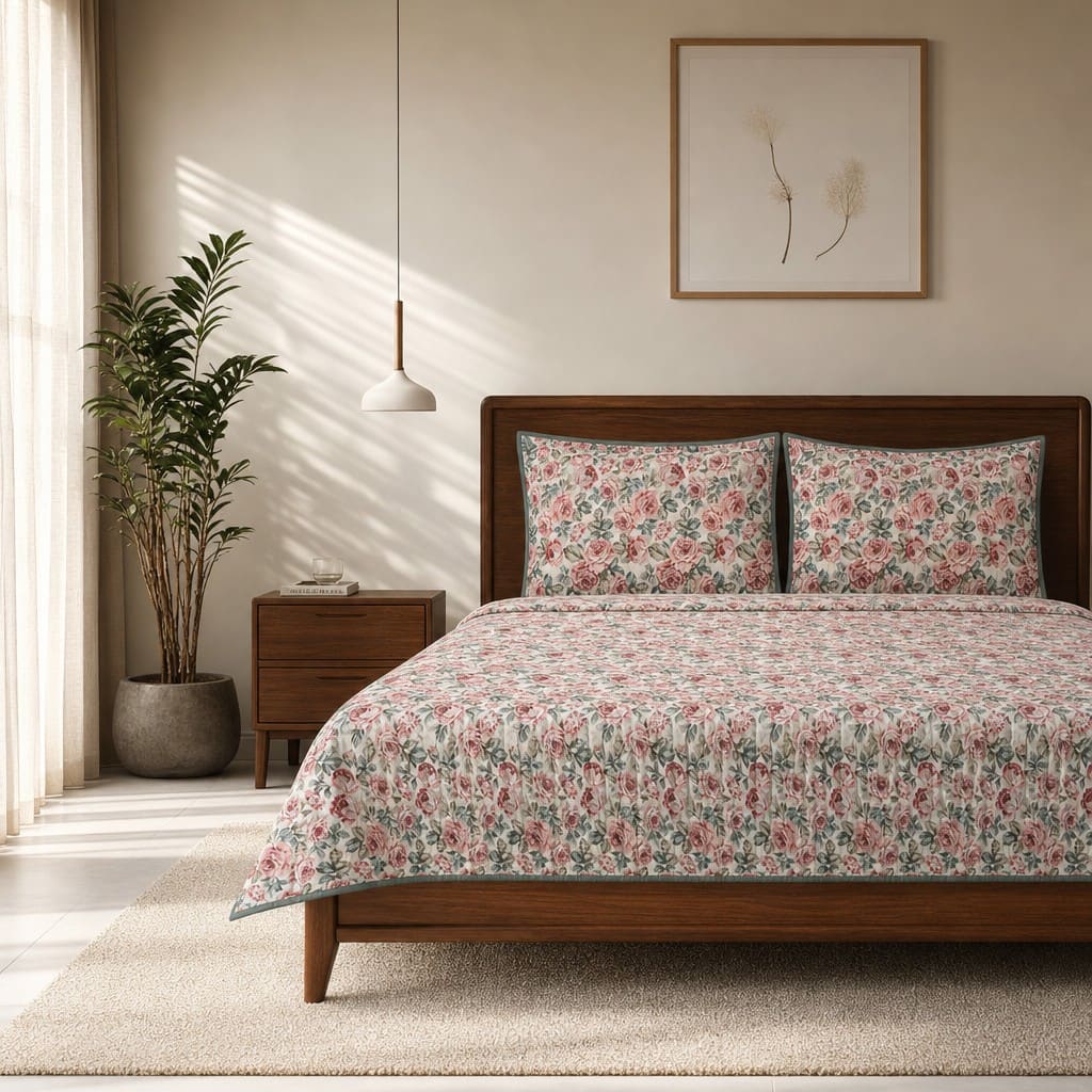 Florina Pink Rose Garden King-Size Cotton Bed Cover with Pillow Cases - Home Artisan