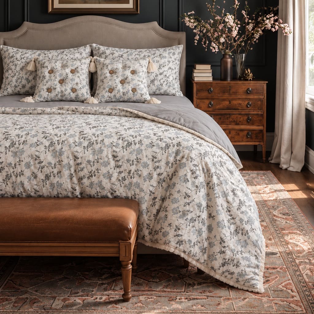 Celeste Ivory & Blue-Grey Floral 6-Piece King Size Comforter Bedding Set - Home Artisan