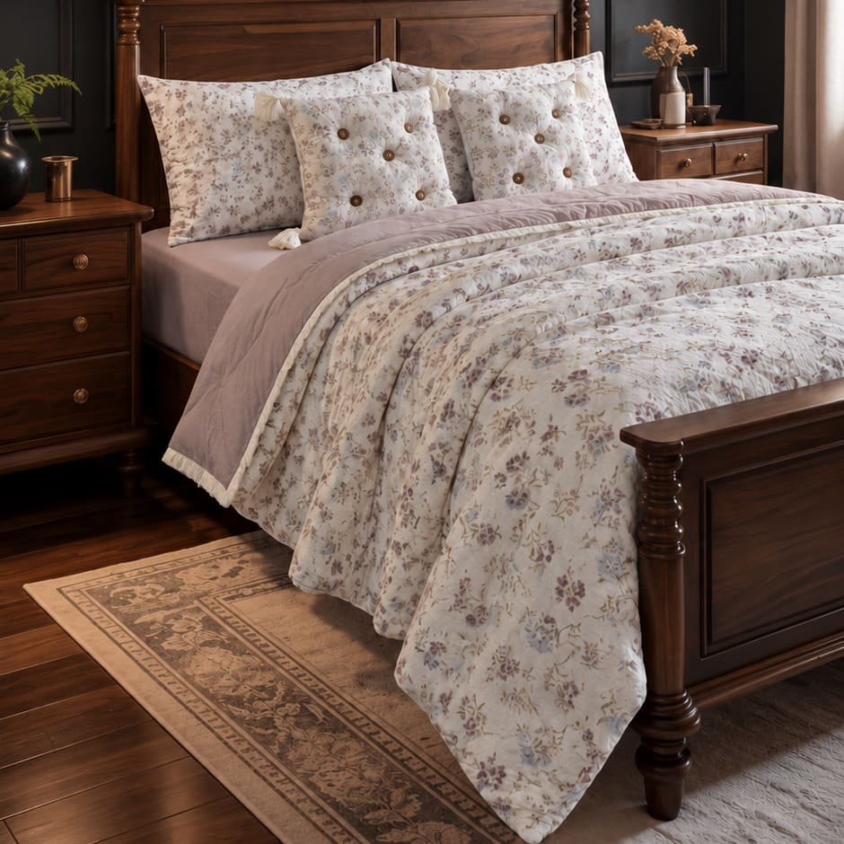 Rosalie Ivory & Dusty Mauve Floral 6-Piece King Size Comforter Bedding Set - Home Artisan