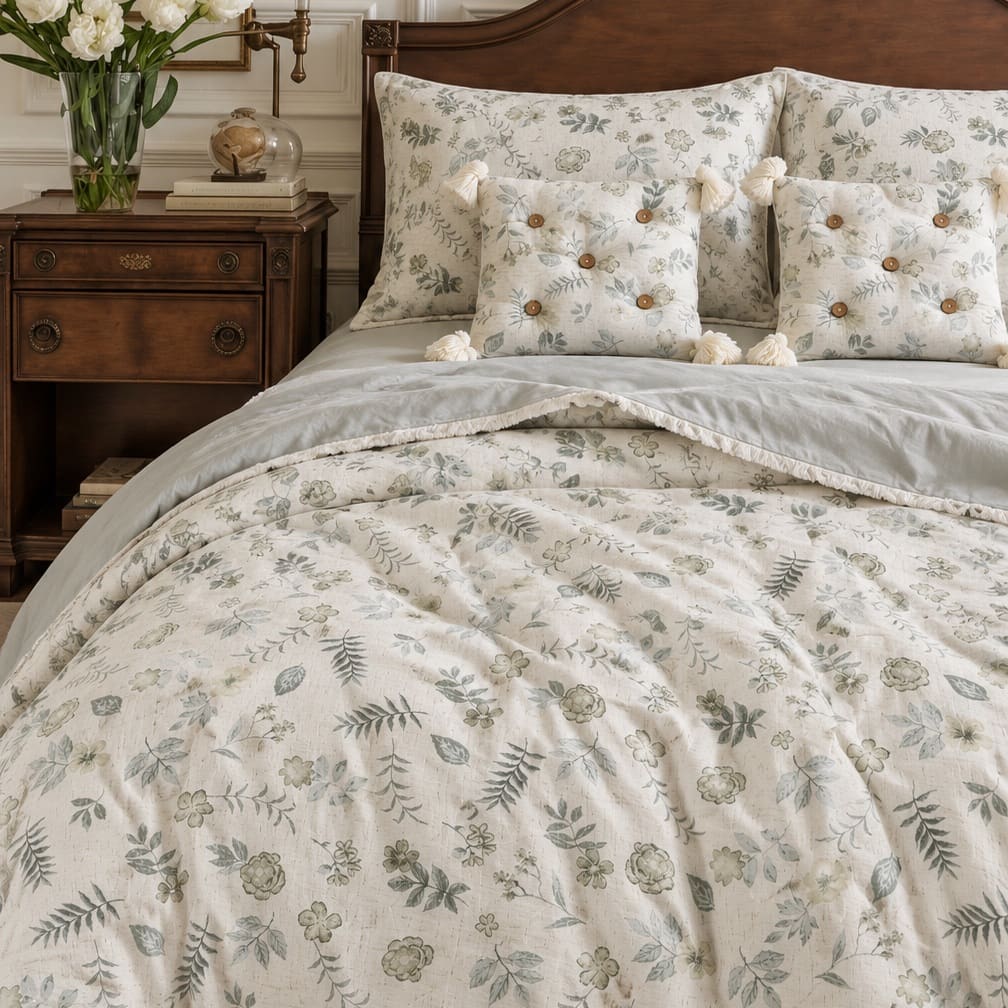 Sylvie Ivory & Sage Green Botanical 6-Piece King Size Comforter Bedding Set - Home Artisan
