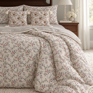 Flora Ivory & Dusty Pink Floral Vine 6-Piece King Size Comforter Bedding Set - Home Artisan