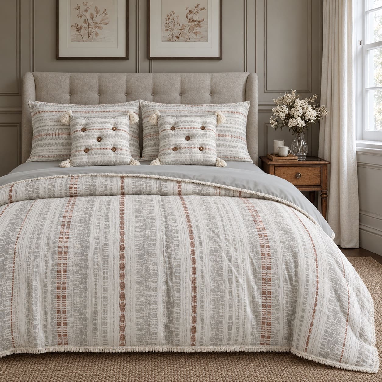 Sienna Ivory & Grey Striped 6-Piece King Size Comforter Bedding Set - Home Artisan