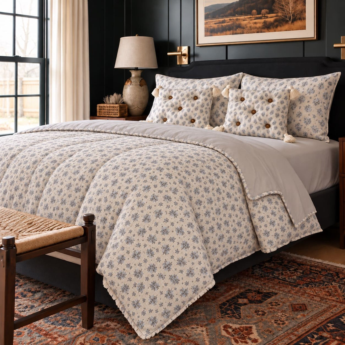 Odette Ivory & Blue-Grey Floral Motif 6-Piece King Size Comforter Bedding Set - Home Artisan