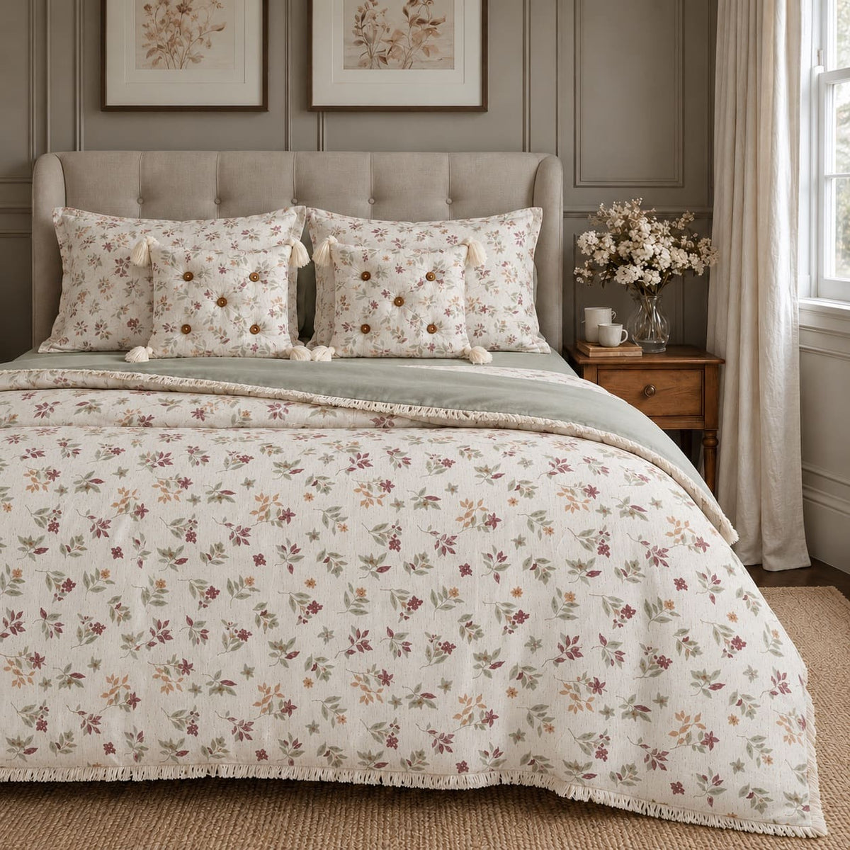 Elara Ivory & Sage Multicolour Floral 6-Piece King Size Comforter Bedding Set - Home Artisan