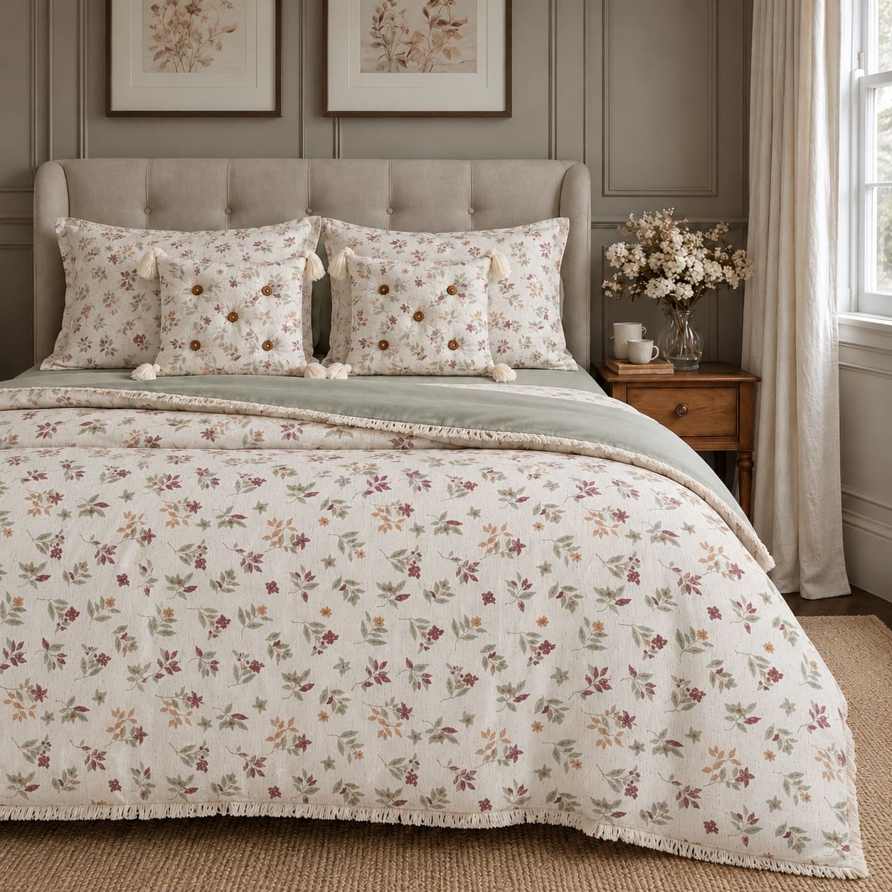 Elara Ivory & Sage Multicolour Floral 6-Piece King Size Comforter Bedding Set - Home Artisan