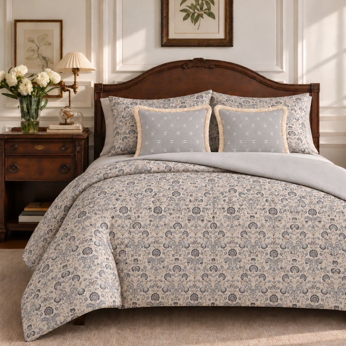 Dahlia Grey Ornamental Floral 6-Piece King Size Comforter Bedding Set - Home Artisan