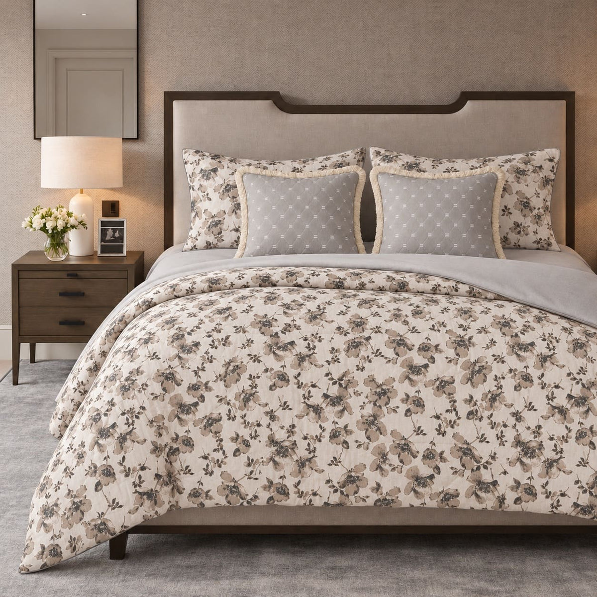 Primrose Beige Floral 6-Piece King Size Comforter Bedding Set - Home Artisan