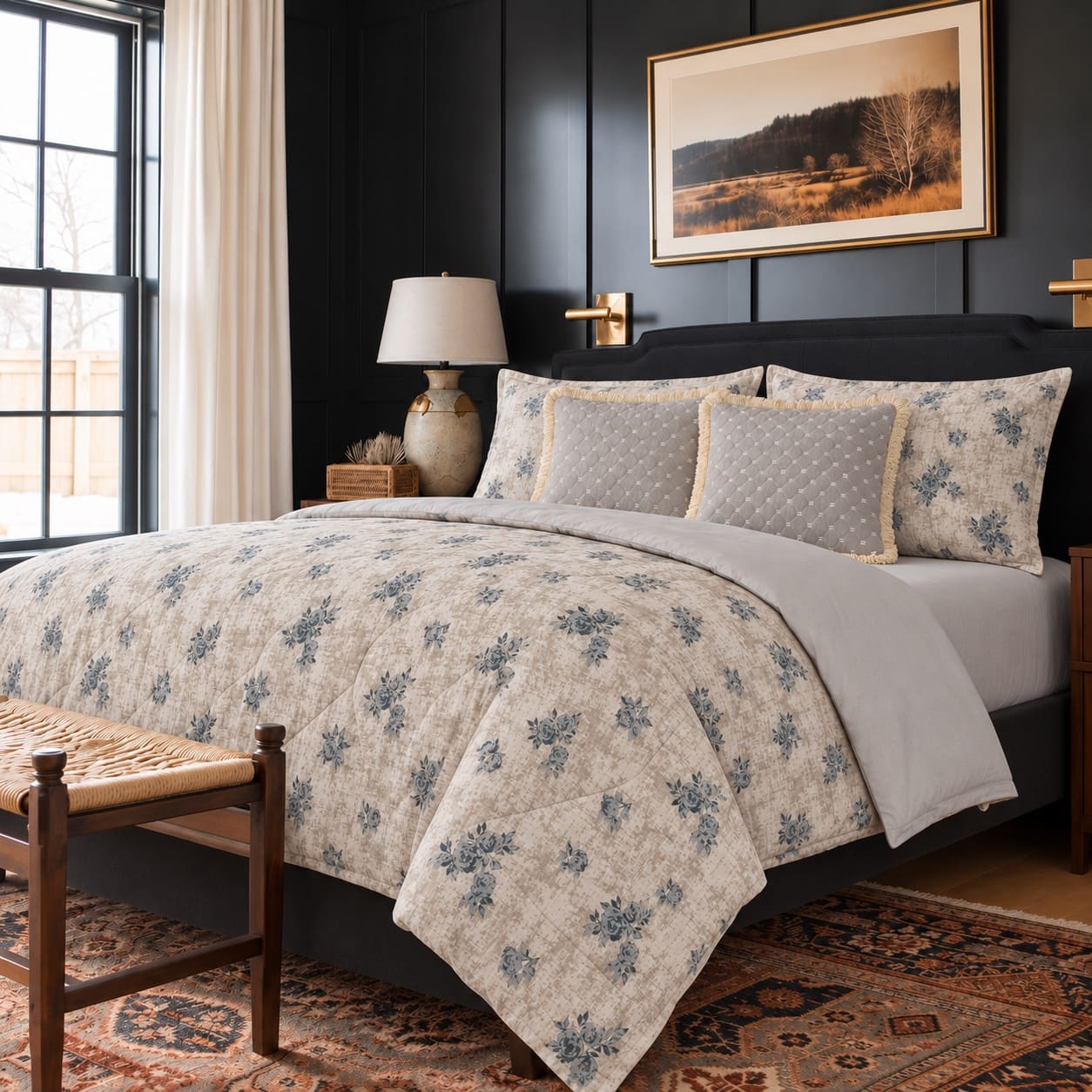 Iris Blue Floral Vintage-Effect 6-Piece King Size Comforter Bedding Set - Home Artisan