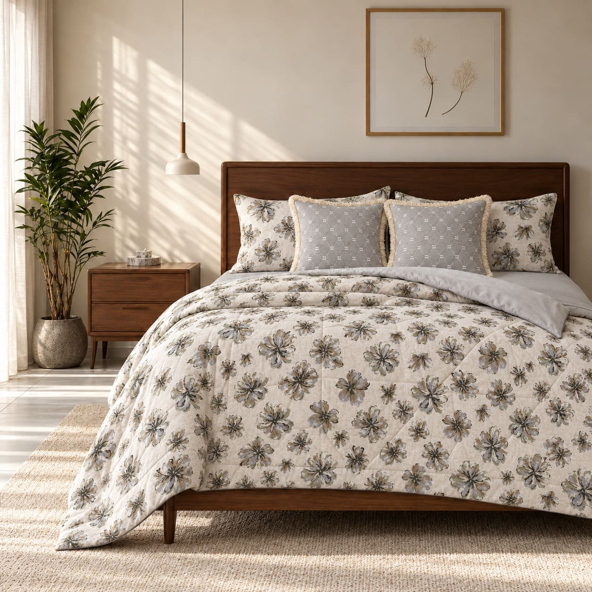 Magnolia Sage Green Floral 6-Piece King Size Comforter Bedding Set - Home Artisan