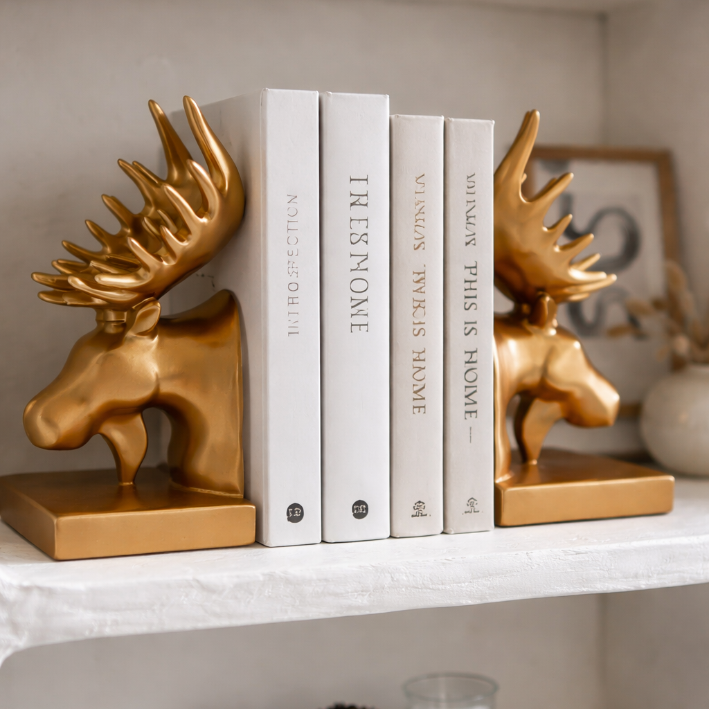 Gold moose bookends on a shelf with books and decorative items.