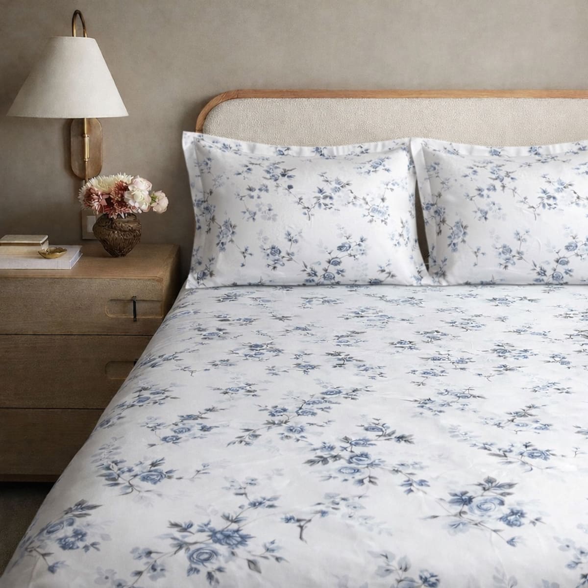 Cottage Rose Blue 200TC Cotton Percale Bed Sheet - Home Artisan