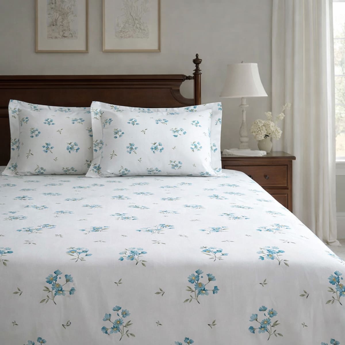 Daisy Dreams Sky Blue 200TC Cotton Percale Bed Sheet - Home Artisan