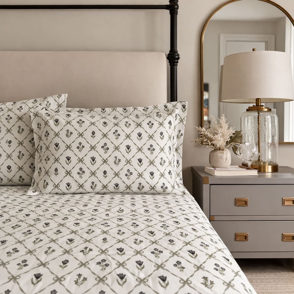 Wildflower Mesh Grey 250TC Cotton Percale Bed Sheet - Home Artisan