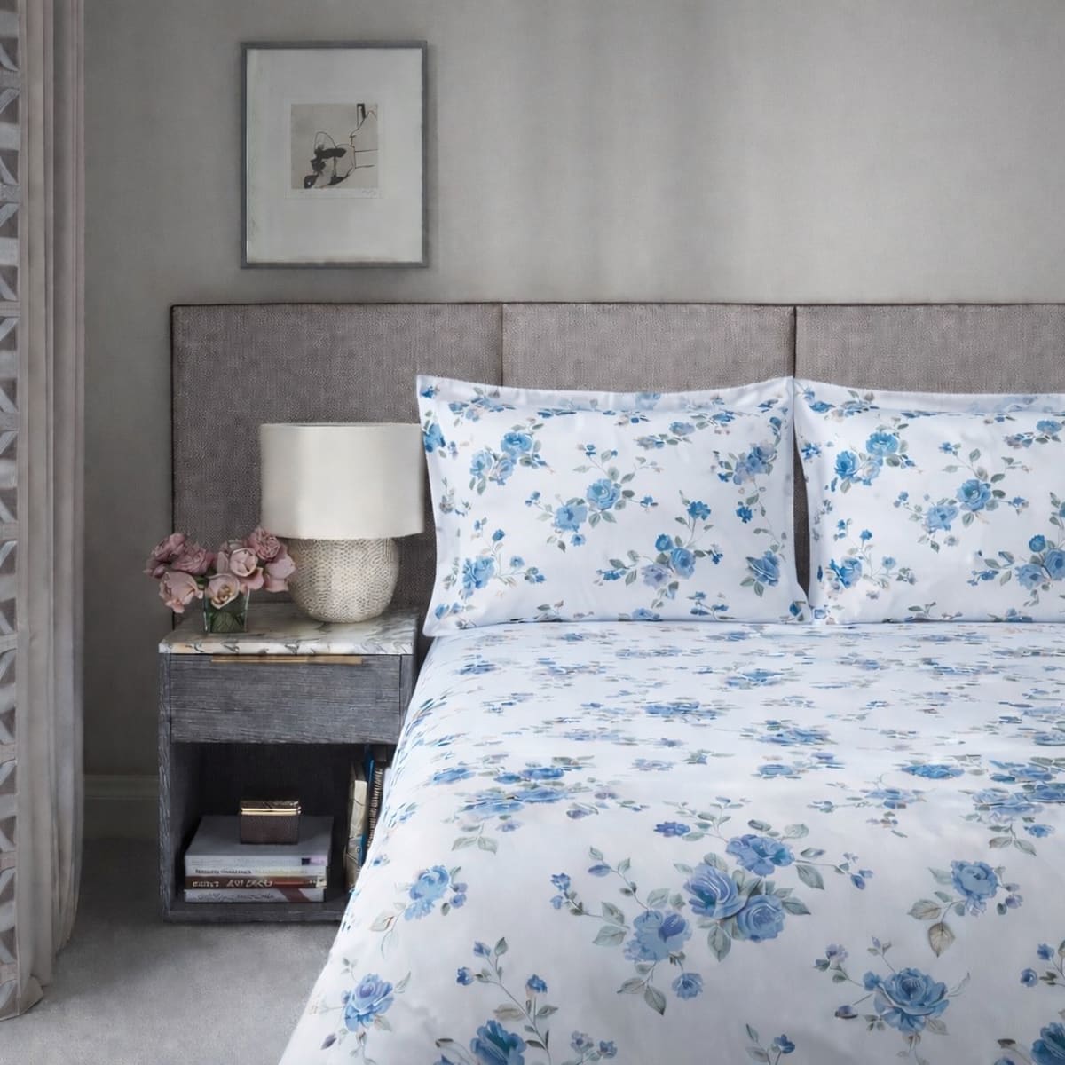 La Vie En Rose Blue 250TC Cotton Percale Bed Sheet - Home Artisan