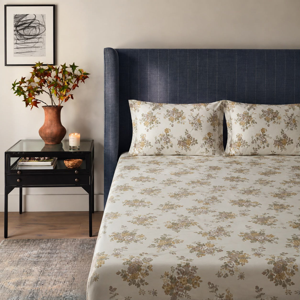 Beatrice Blue Garden 300TC Cotton Percale Bed Sheet - Home Artisan