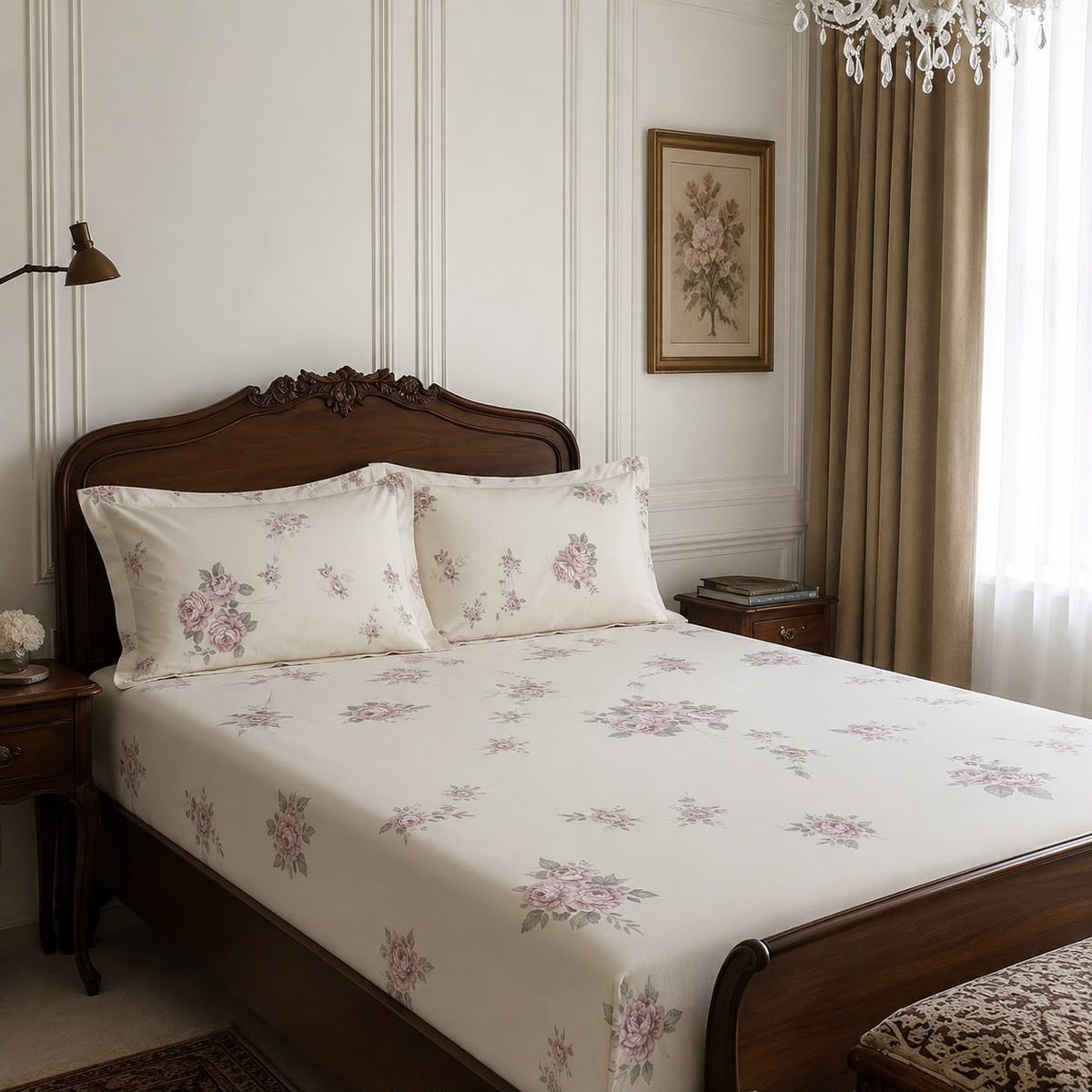 Clara Heritage Rose 300TC Cotton Percale Bed Sheet - Home Artisan