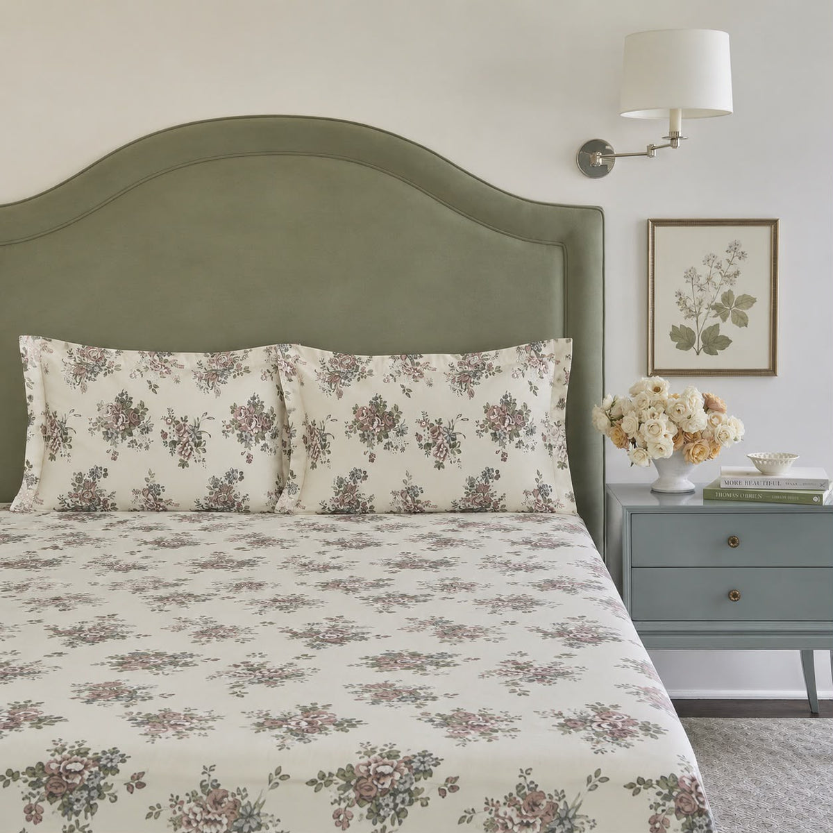 Daphne Sage Bouquet 300TC Cotton Percale Bed Sheet - Home Artisan