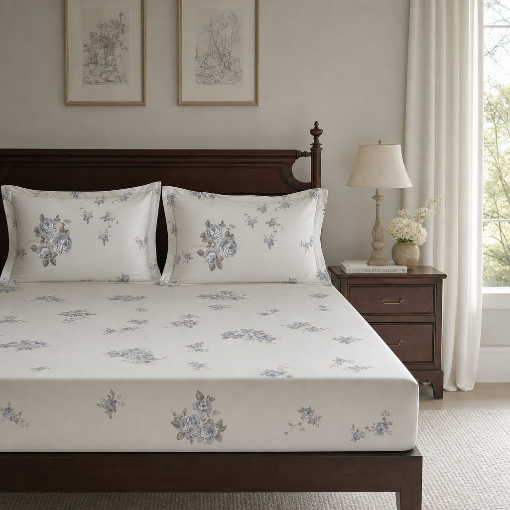 Florence Blue Rose 300TC Cotton Percale Bed Sheet - Home Artisan