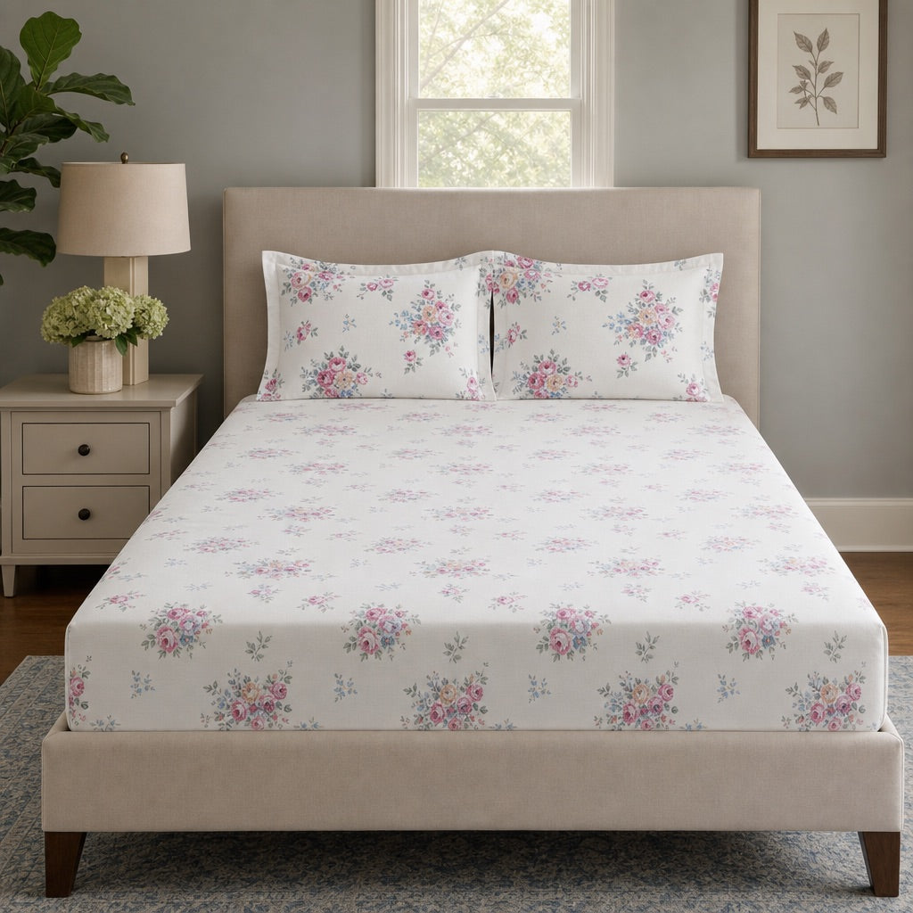 Gardenia Rose Bouquet 300TC Cotton Bedsheet - Home Artisan