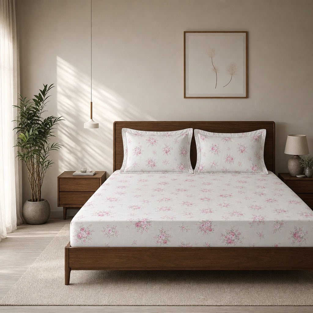 Ivory Bloom Pink Floral 300TC Cotton Bedsheet - Home Artisan