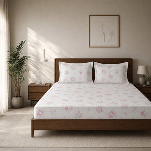 Ivory Bloom Pink Floral 300TC Cotton Bedsheet - Home Artisan
