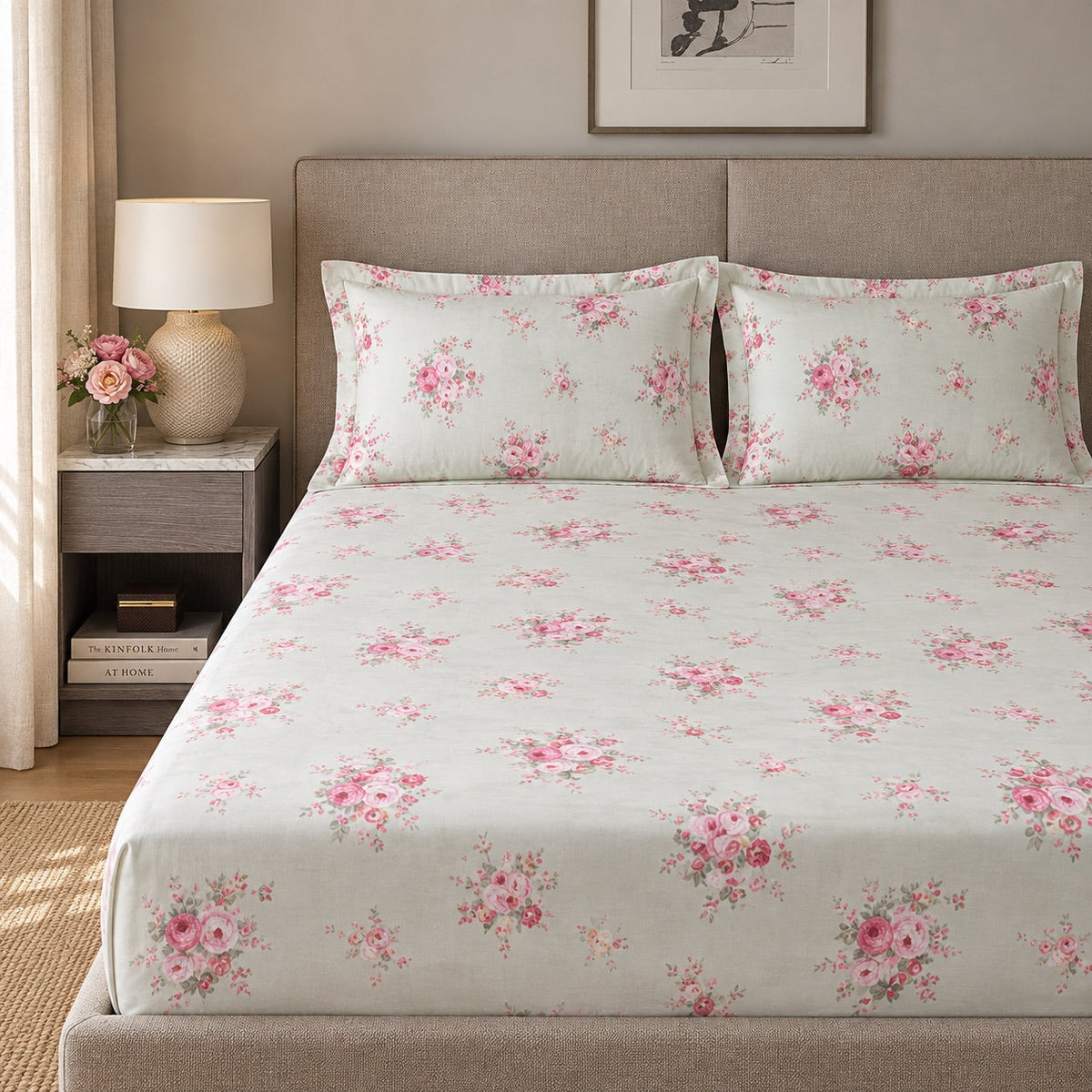 Ivory Bloom Pink Floral 300TC Cotton Bedsheet