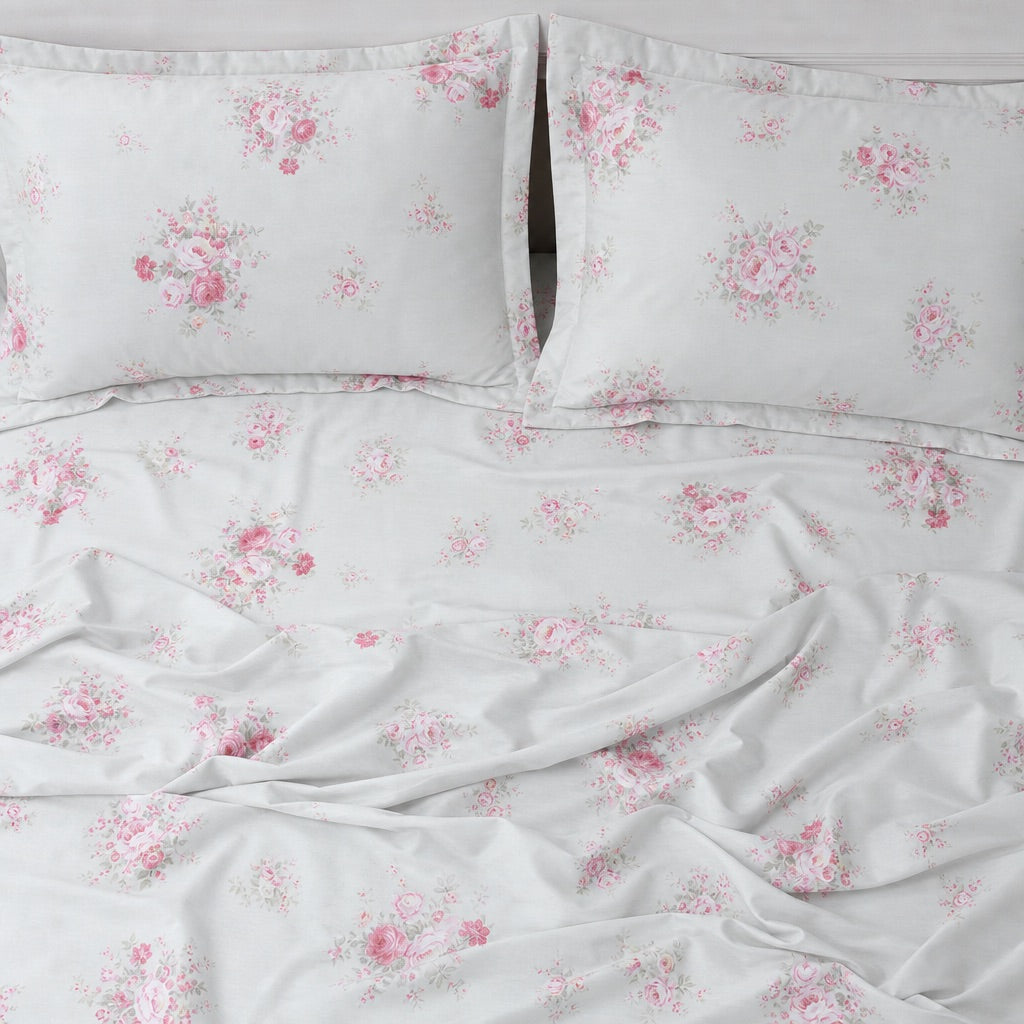 Ivory Bloom Pink Floral 300TC Cotton Bedsheet - Home Artisan
