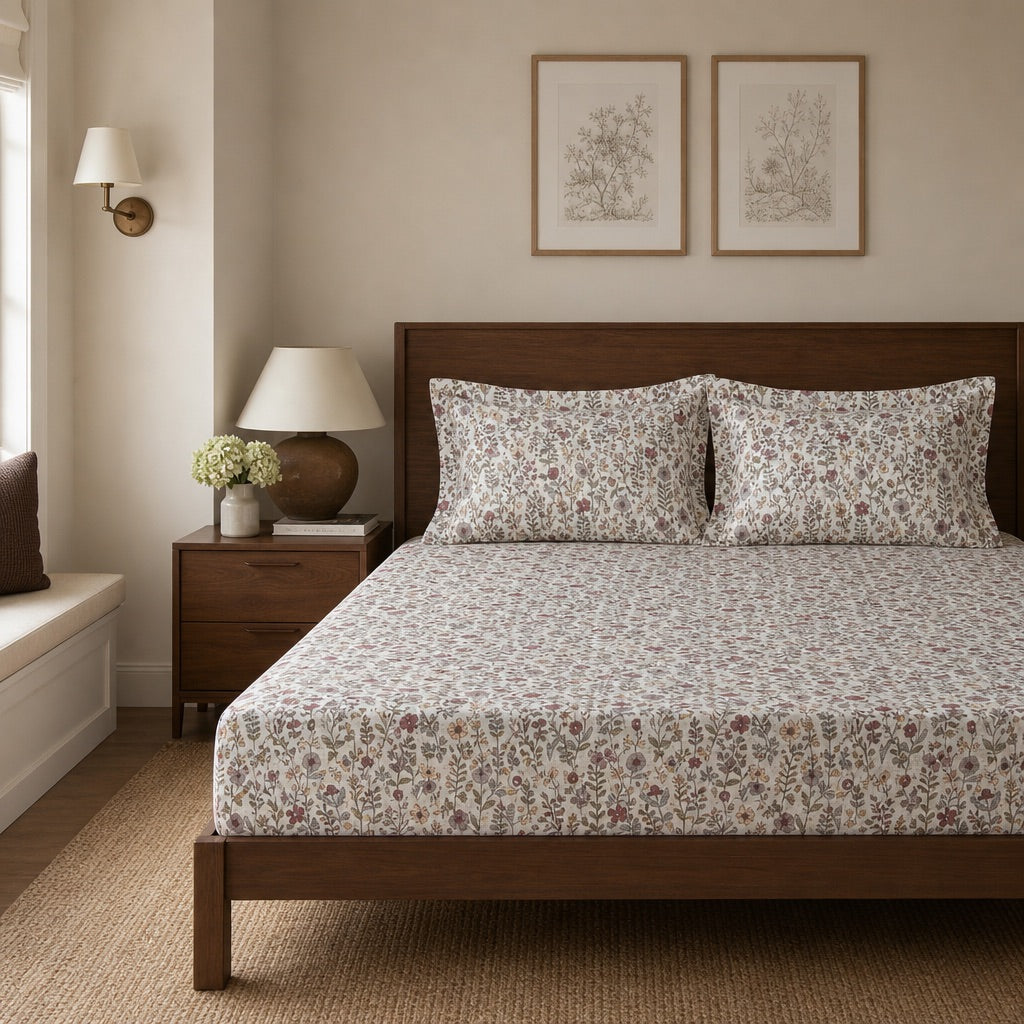 Luna Petal Floral 300TC Cotton Bedsheet - Home Artisan