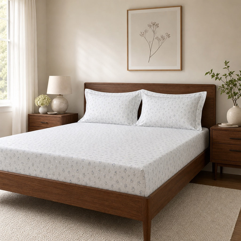 Nordic Snow Blossom 300TC Cotton Bedsheet - Home Artisan