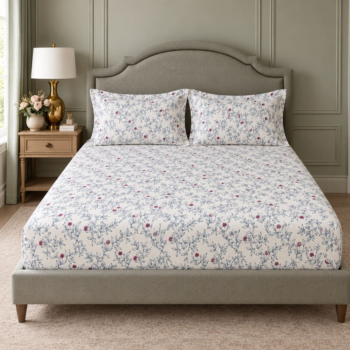 Camellia Blue Leaf and Pink Bud Bed Sheet - Home Artisan