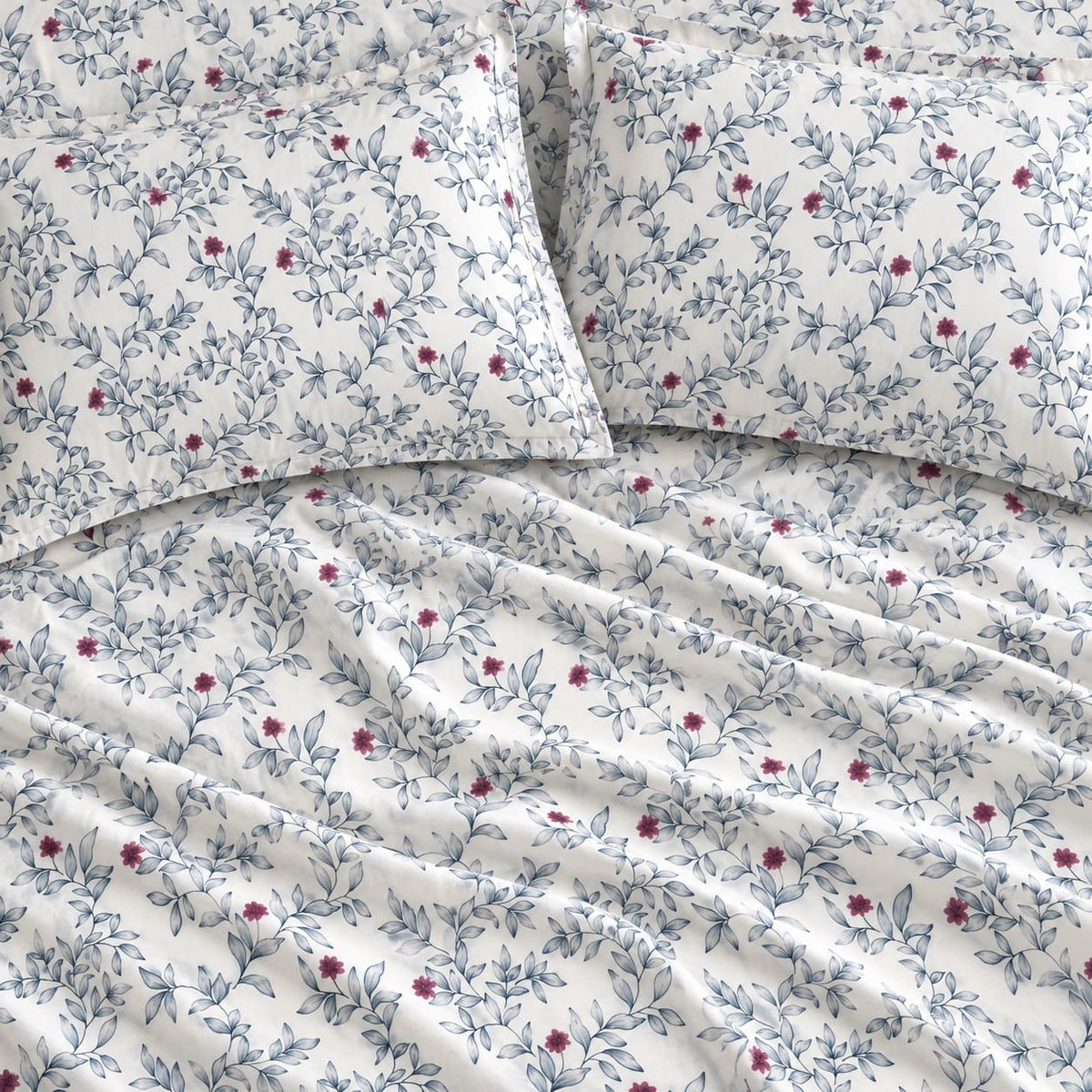 Camellia Blue Leaf and Pink Bud Bed Sheet - Home Artisan