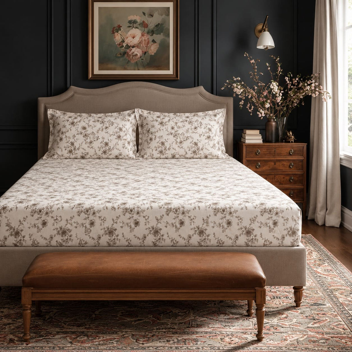 Magnolia Taupe Botanical Bed Sheet - Home Artisan