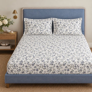 Aster Slate Blue Floral Bed Sheet - Home Artisan