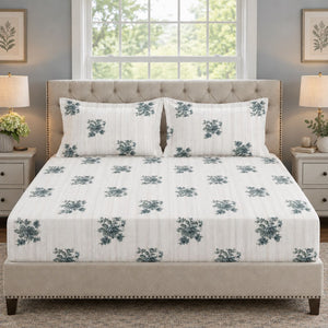 Rosamund Teal Bouquet 250TC Cotton Percale Super King Bed Sheet - Home Artisan