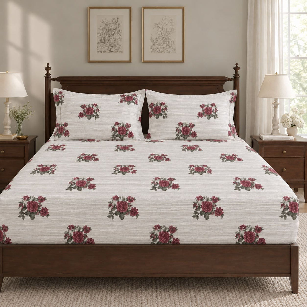 Rosamund Burgundy Bouquet 250TC Cotton Percale Super King Bed Sheet - Home Artisan