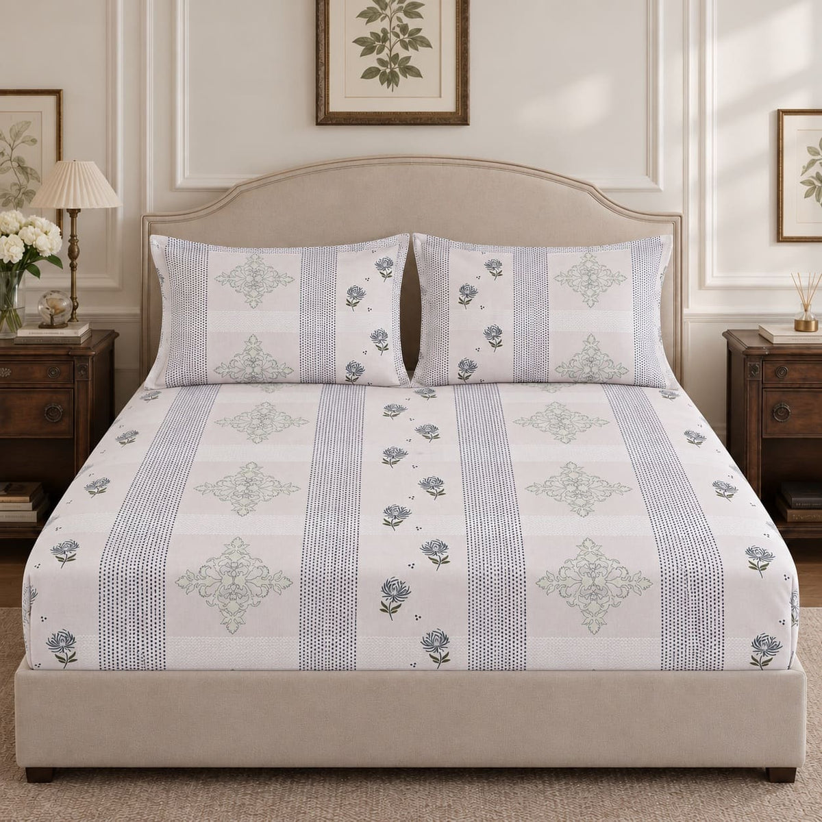 Nerine Lilac Floral Stripe 250TC Cotton Percale Super King Bed Sheet - Home Artisan