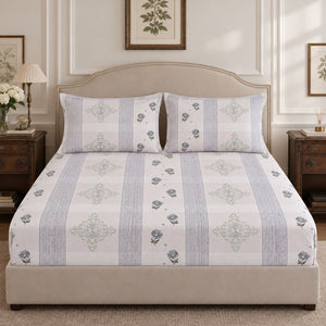 Nerine Lilac Floral Stripe 250TC Cotton Percale Super King Bed Sheet - Home Artisan