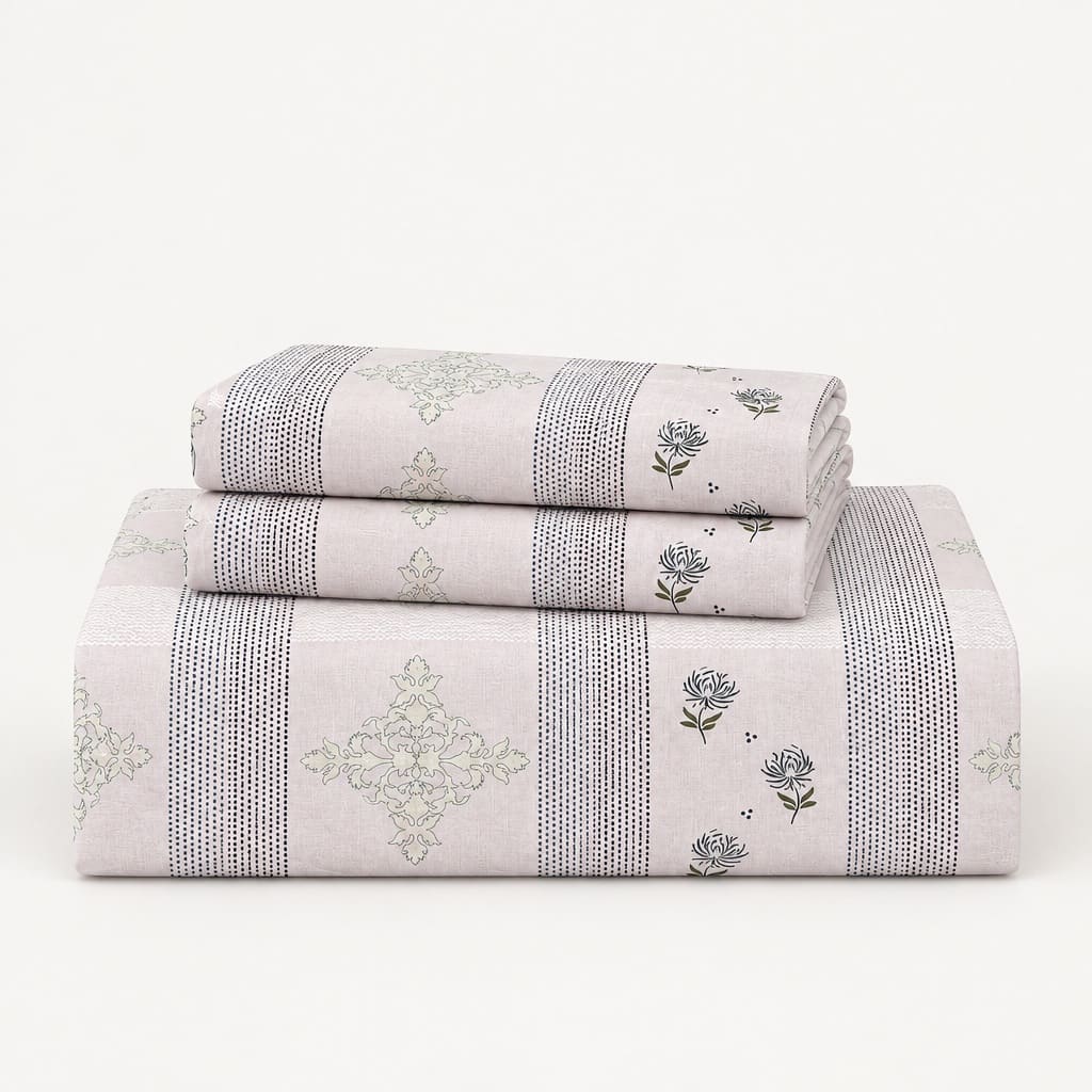 Nerine Lilac Floral Stripe 250TC Cotton Percale Super King Bed Sheet - Home Artisan