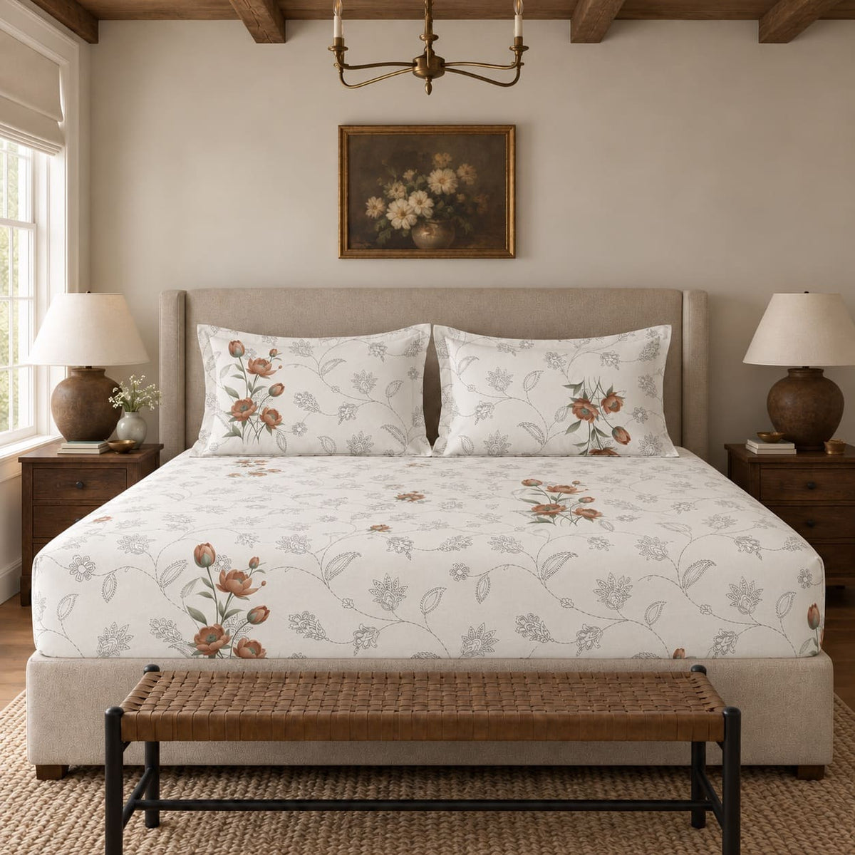 Rosella Terracotta Botanical 250TC Cotton Percale Super King Bed Sheet - Home Artisan