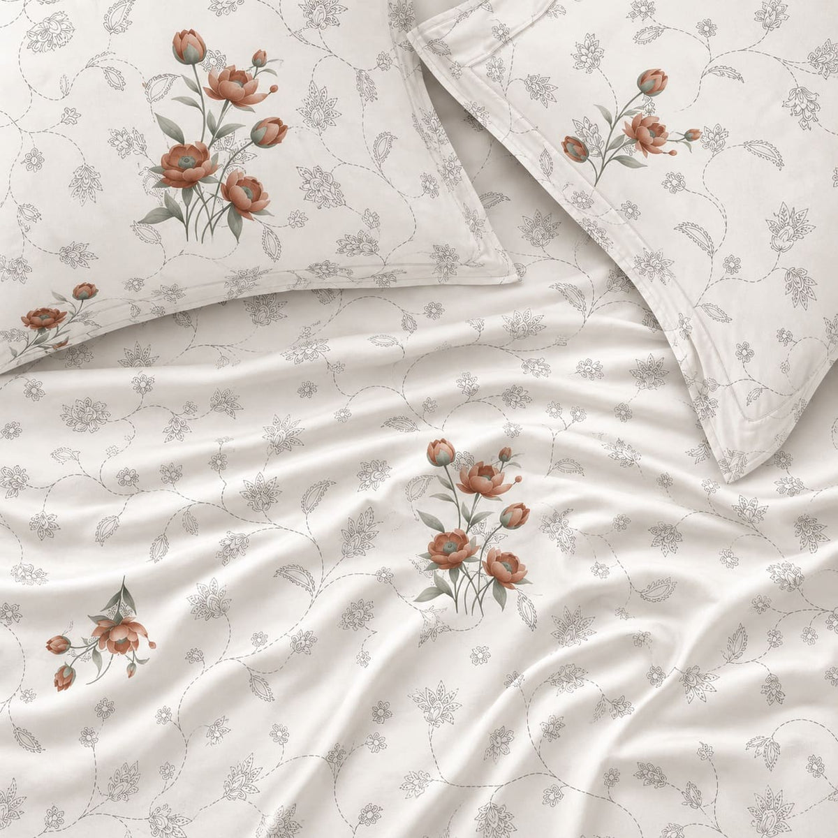 Rosella Terracotta Botanical 250TC Cotton Percale Super King Bed Sheet - Home Artisan