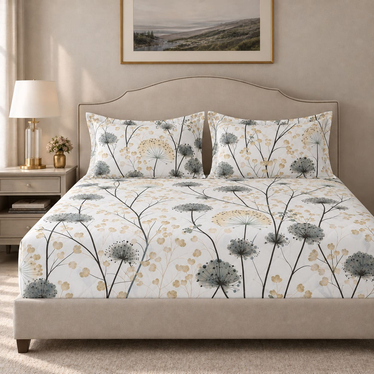 Achillea Sage Meadow Floral 250TC Cotton Percale Super King Bed Sheet - Home Artisan