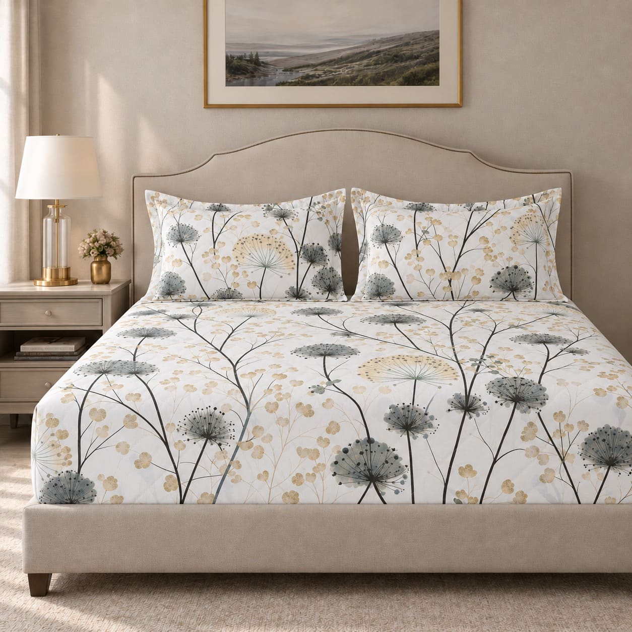 Achillea Sage Meadow Floral 250TC Cotton Percale Super King Bed Sheet - Home Artisan