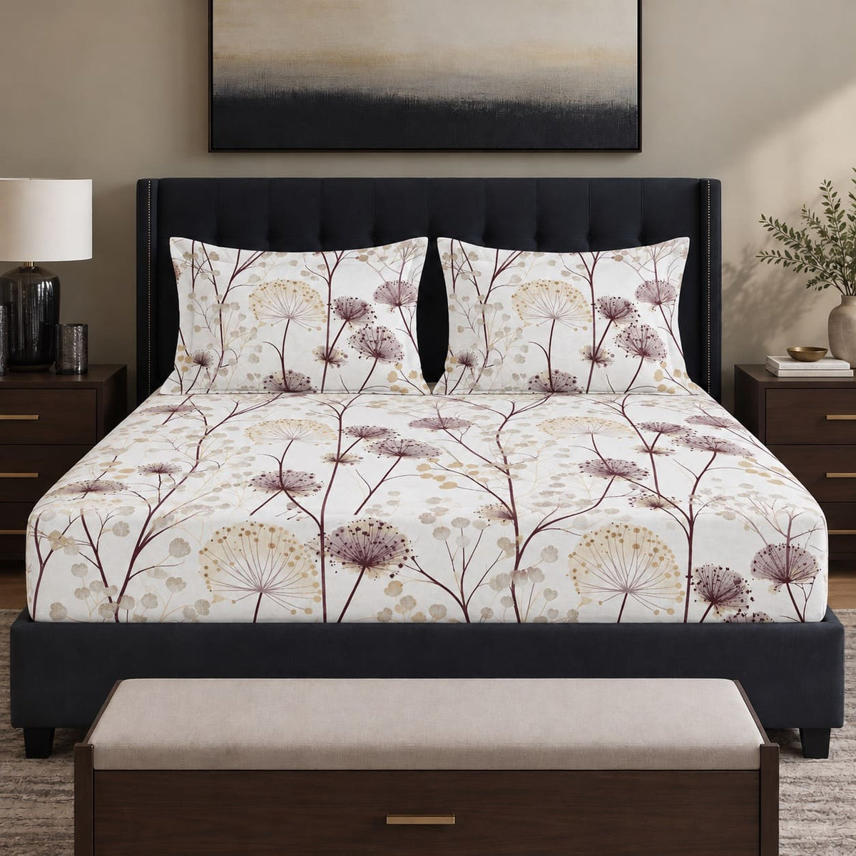 Achillea Mauve Meadow Floral 250TC Cotton Percale Super King Bed Sheet - Home Artisan