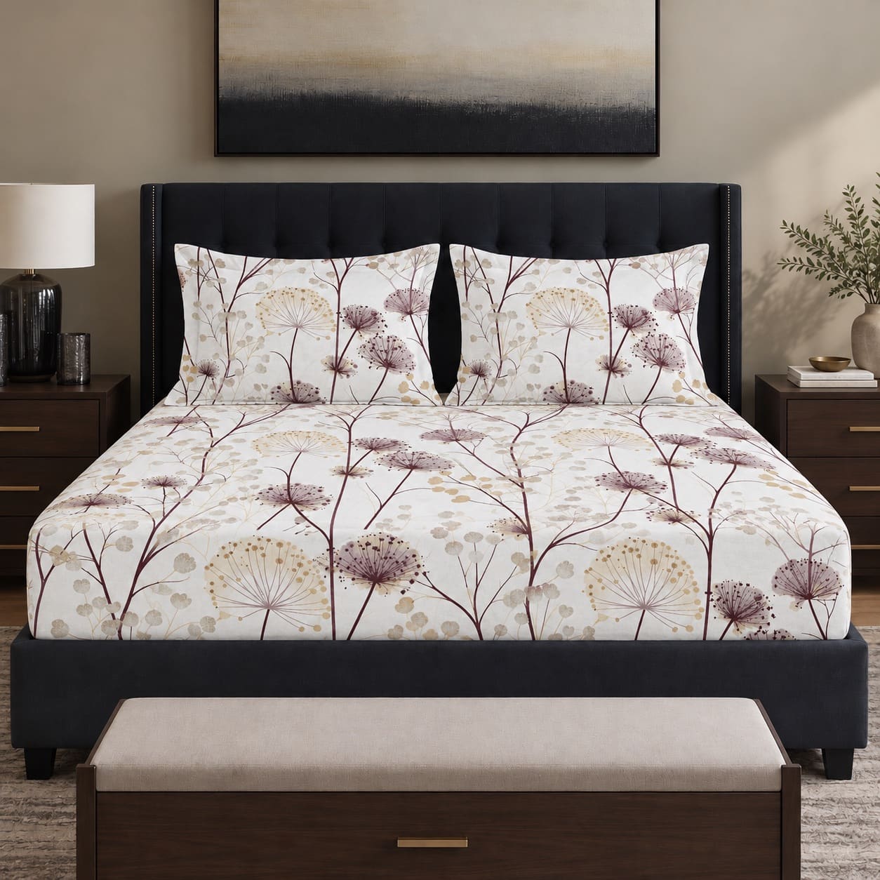 Achillea Mauve Meadow Floral 250TC Cotton Percale Super King Bed Sheet - Home Artisan