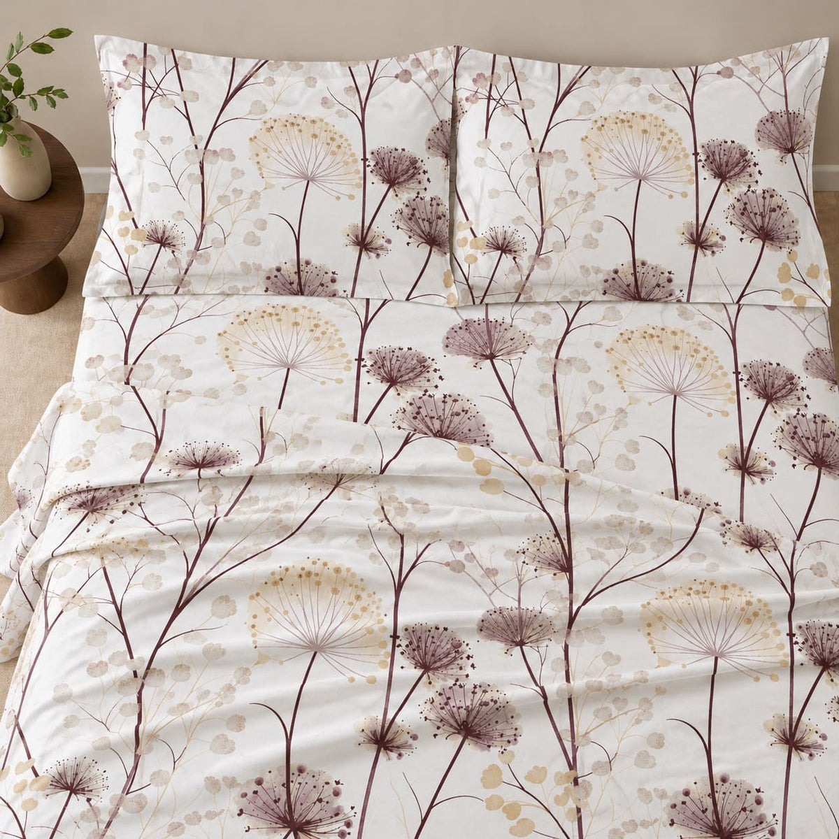 Achillea Mauve Meadow Floral 250TC Cotton Percale Super King Bed Sheet - Home Artisan