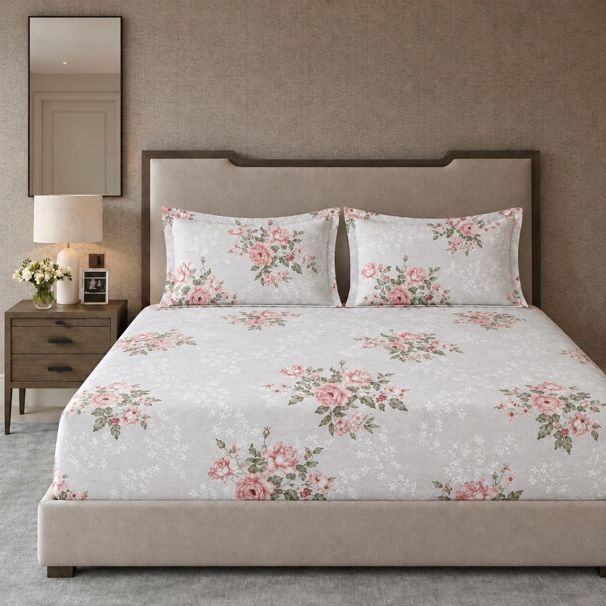 Petunia Blush Rose Bouquet 250TC Cotton Percale Super King Bed Sheet - Home Artisan
