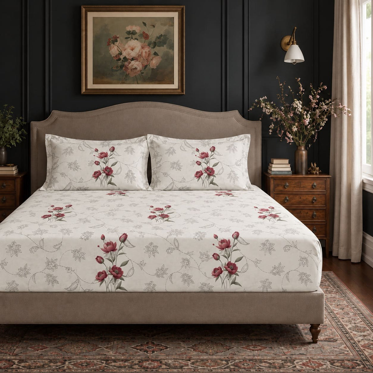 Rosella Crimson Botanical 250TC Cotton Percale Super King Bed Sheet - Home Artisan