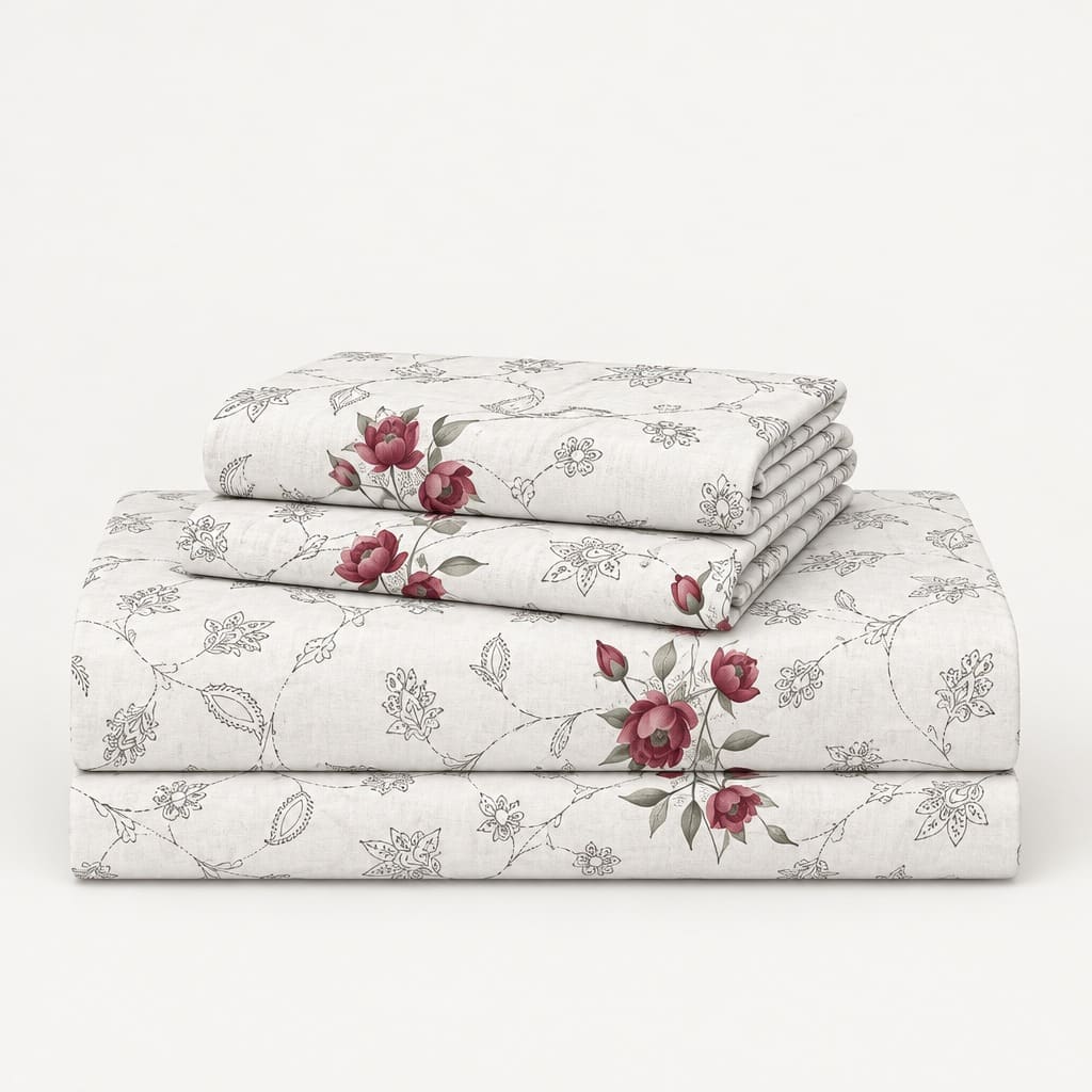 Rosella Crimson Botanical 250TC Cotton Percale Super King Bed Sheet - Home Artisan