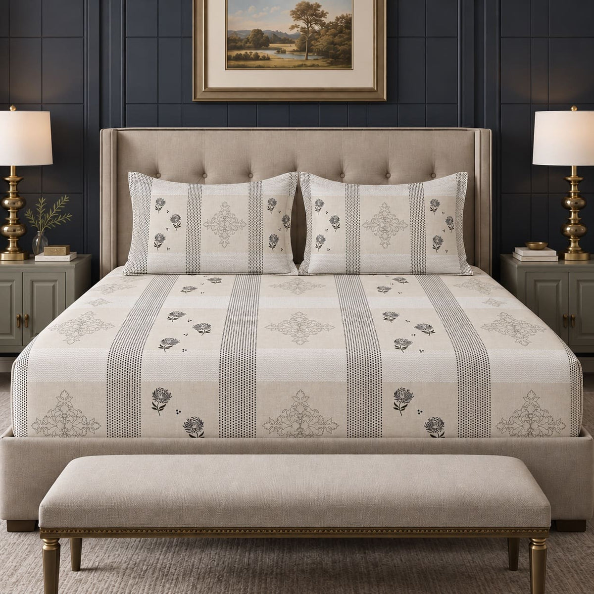 Nerine Beige Floral Stripe 250TC Cotton Percale Super King Bed Sheet - Home Artisan